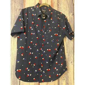 Matix Casual Button Down Short Sleeve Shirt Navy Blue Beer Pong Pattern Large